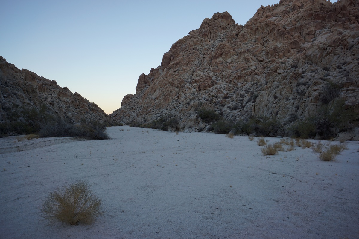 hiking a sandy wash in the inner basin of the coxcomb mountains