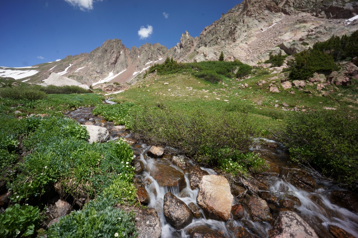small mountain stream runs through green meadow in july - colorado's gore mountains