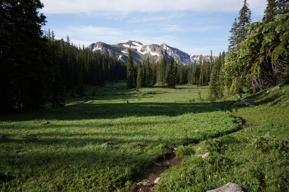 hiking through green meadow in gore mountains