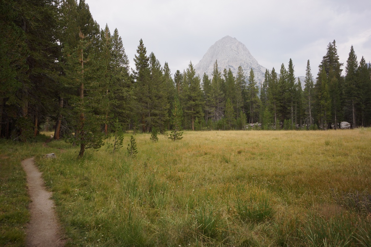 view of The Hermit from the John Muir Trail in Evolution Valley