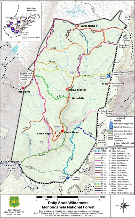 map of hiking trails in the dolly sods wilderness