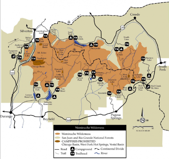 a map of the weminuche wilderenss that shows trailhead locations