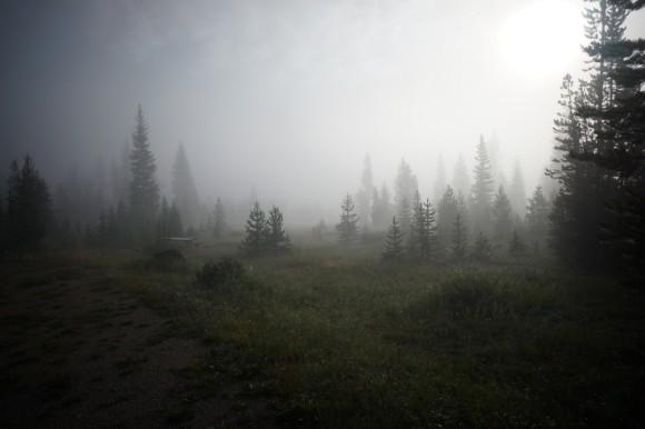 green river lakes campground wyoming dense morning fog